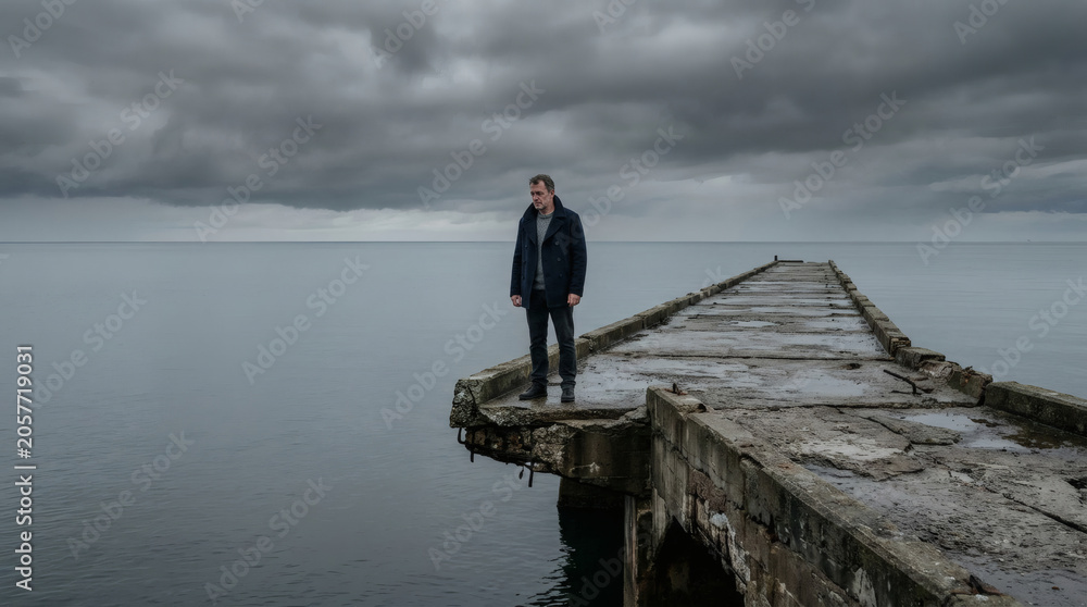 Fototapeta premium Solitary Man Standing on Weathered Concrete Pier over Calm Sea for Mood Concept