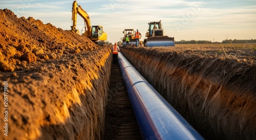 Pipeline installation in trench with construction equipment