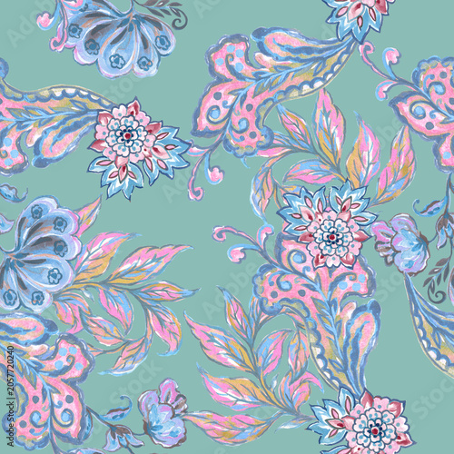 Watercolor paisley damask seamless pattern vintage oriental bohemian luxury botanical ornament colorful boho