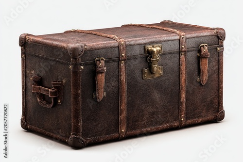 An old leather travel trunk with metal accents and sturdy straps sits ready for a journey, evoking a sense of adventure and nostalgia for times past.