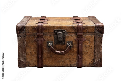 An antique leather suitcase, weathered and worn, stands as a testament to journeys past, its brass clasps and leather straps hinting at adventures yet to unfold.