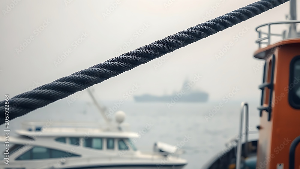 Fototapeta premium towline. A taut black towline connects a tugboat to a distant ship in morning mist. mobility guides, transit brochures, designed for mobility and urban transit guides, used by bi analysts.
