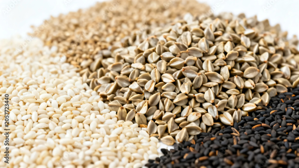 Obraz premium Close-up of various types of seeds and grains, texture background of healthy ingredients