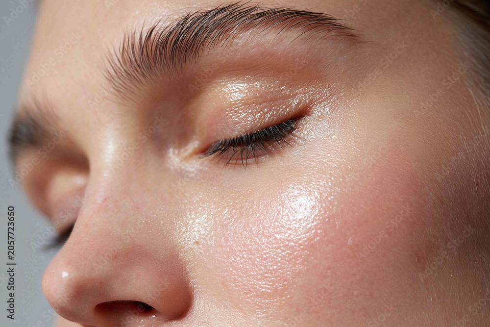 Fototapeta premium Glowing skin close up cheek eyelid eyebrow natural pore dewy finish skin texture healthy skin minimal makeup