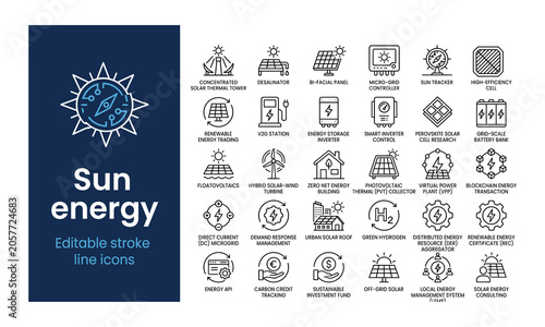 Sun energy, renewable power technology, editable stroke line icons, vector set, solar panels, smart grid, battery storage, sustainable ecology concepts
