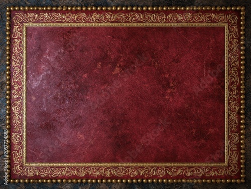 Rich Red Leather Background with Decorative Gold Border and Studs Texture