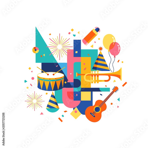 Colorful Celebration Party Instruments and Decorations Illustration.