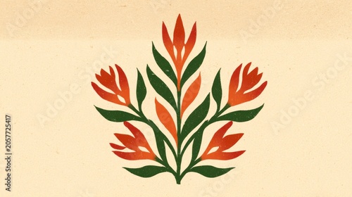 Stylized arrangement of five bright red blossoms with dark green foliage displayed against a textured pale background