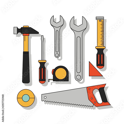 Colorful collection of essential hand tools illustration.