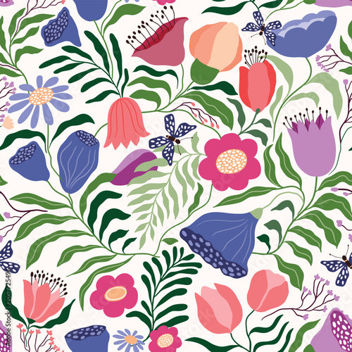 Seamless floral pattern with delicate blossoms and botanical elements, perfect for summer textiles, wallpapers, stationary, decorative backgrounds