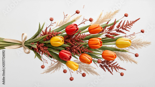Ramo de tulipanes vibrantes en rojo, naranja y amarillo, con pasto de la pampa y ramas secas, atado con una cinta, sobre fondo gris.