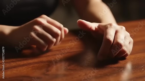 Hands on wooden table surface closeup.