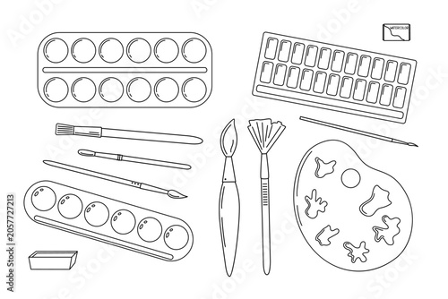 Paints boxes and brushes art supply simple outline hand drawn illustration, kids painting material, school stationary object, back to school concept, painting tool for hobby, craft, drawing, clipart