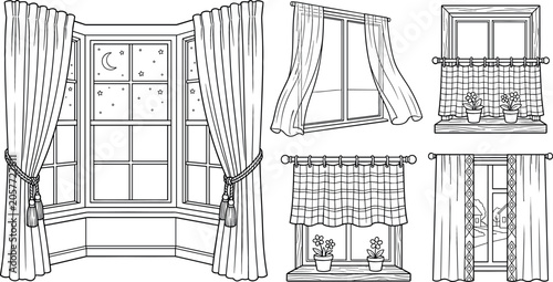 Photos Window and curtains coloring page vector illustration set featuring bay window drapes valance cafe curtains and potted plants on windowsills in outline style