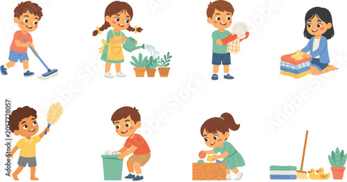 Cute Household Chores Kids Vector Character Set with Sweeping, Watering Plants, Washing Dishes, Folding Clothes, and Tidying Toys for Family Responsibility and Parenting Designs