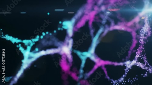 A hyper-realistic video dolly-ins on luminous teal, magenta, violet data streams forming evolving neural networks against an inky black void with soft bokeh and iridescent flares, symbolizing future