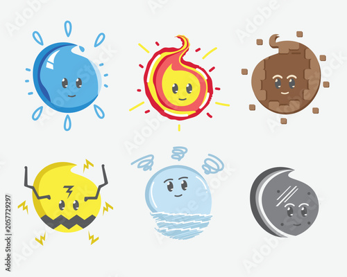 Cute Fantasy Element Characters Vector Collection with Water Fire Earth Air Lightning and Iron
