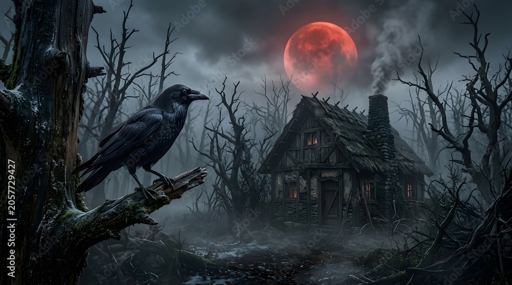 Fototapeta premium Spooky digital illustration of a black crow perched on a tree trunk near an old wooden house under a glowing red blood moon in a dark forest