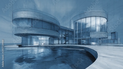 Modern architectural design with reflection on water surface in abstract style