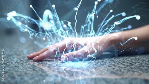 A neutral-toned hand hovers over a dark desktop as luminous digital particles ascend and expand into a glowing geometric network against a bokeh background, concept of data innovation and emerging