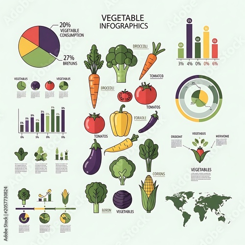 Colorful vegetable infographic icons set with labels.