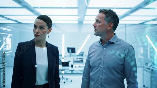 Professional individuals in business casual attire observing colossal transparent digital display with vibrant abstract data visualization in a pristine, minimalist tech lab. smooth push-in video