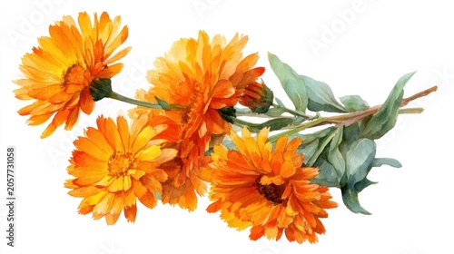 Vibrant orange calendula flowers on stems against a white backdrop isolated