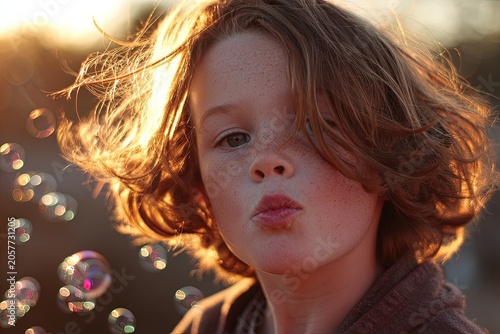 A young child with windswept hair blows bubbles in the warm, golden light of the setting sun, a moment of pure childhood innocence and wonder.