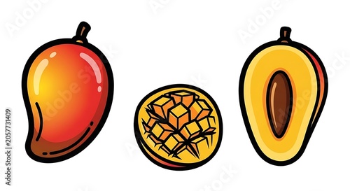 Three ripe persimmons hanging on branches.