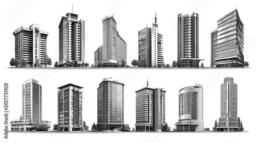 Modern architectural illustrations of various tall buildings and structures