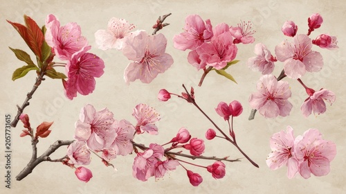 Delicate pink cherry blossoms on branches against a neutral background