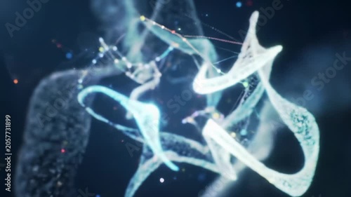 Mesmerizing CGI video: glowing digital particles and fluid lines dynamically reconfiguring into complex abstract patterns on a cosmic gradient void with bokeh, highlighting active data flow and