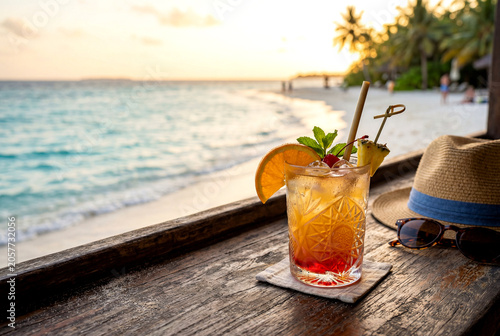 Colorful Tropical Cocktail at Beach Bar with Ocean View
