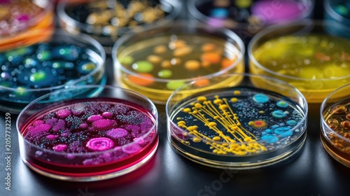 Colorful petri dishes with biological samples for scientific research