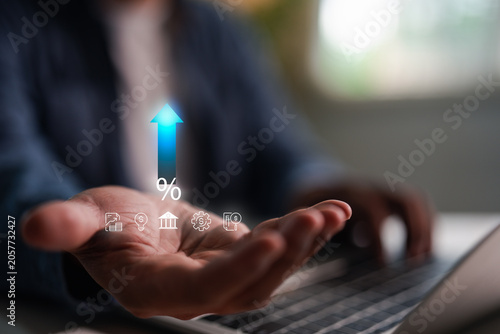 Businessman showing percentage performance, data business analysis, Data Management System, Savings Account, Stocks, Finance investment business. Interest mortgage rates, finance investment concept