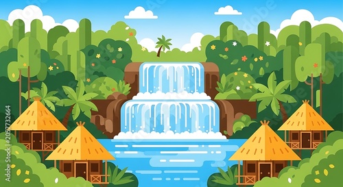 Colorful cartoon village by the blue lake.