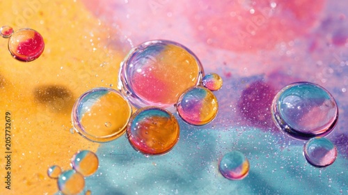 Abstract macro shot of colorful liquid drops against vibrant background