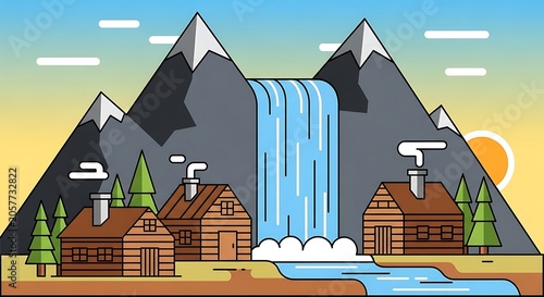 Colorful cartoon houses by the seaside at sunset.