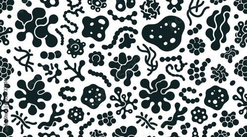 Seamless pattern of diverse biological microorganisms and bacteria colonies in black on a white background, for science