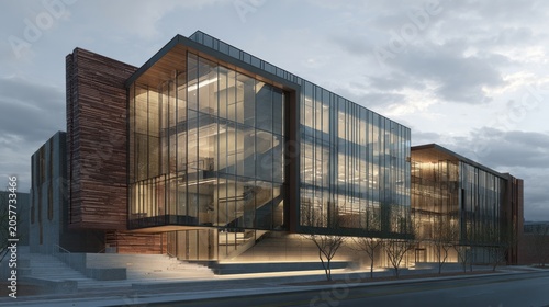 Modern architectural building with glass facade commercial design render
