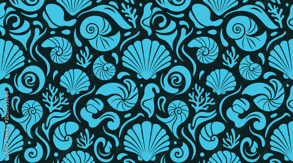 Fototapeta premium Seamless pattern featuring teal sea shells and coral silhouettes arranged on a dark navy blue background, for nautical themed projects