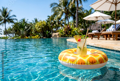 Luxury Pool Float with Tropical Cocktail in Blue Water
