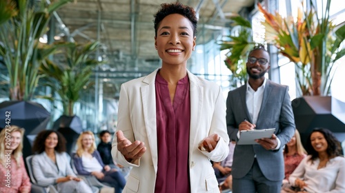 Smiling woman speaks confidently to an audience. Behind her, a man takes notes with a tablet. Attendees listen attentively in a bright, modern space. Green plants add warmth to the setting