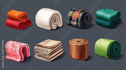 Assortment of rolled and stacked textiles in various colors and textures