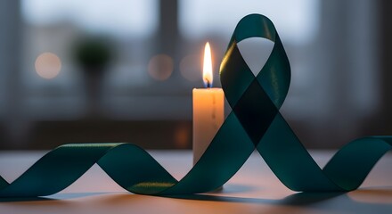 Awareness ribbon placed on white table next to glowing candle for memorial or support cause background.
