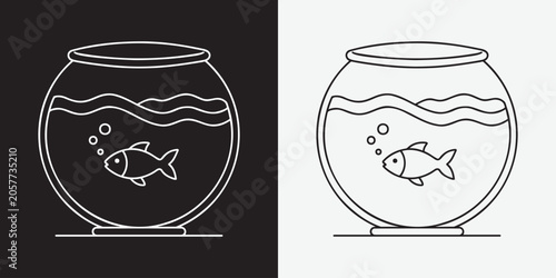 Fishbowl with a fish outline drawing on black and white backgrounds simple linear style