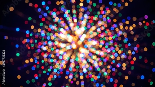 Vibrant multicolored lights create a dazzling explosion effect in the darkness evoking feelings of celebration and festive illumination perfect for holiday and event designs