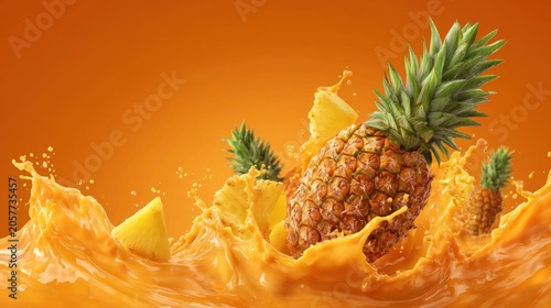 Fresh pineapple and juice splash against an orange background