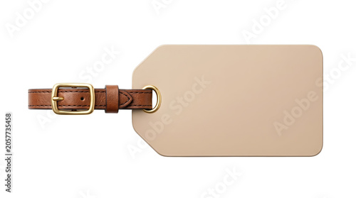 Luggage Tag with Brown Leather Strap and Beige Tag, Featuring a Buckle Closure for Travel Identification