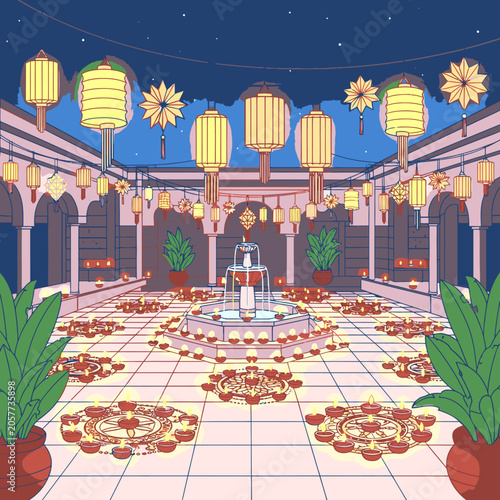 Festive courtyard decorated with traditional lanterns and rangoli patterns